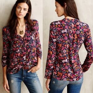 Anthropologie Maeve Moonflower Colourful Henley Long Sleeve Blouse